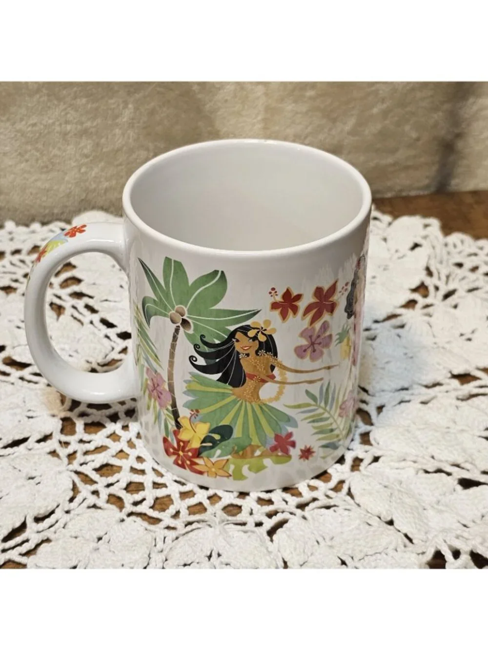 Island Hula Honeys Mug 12 oz White Coffee Cup Hawaiian Florals Hula Dancers Maui